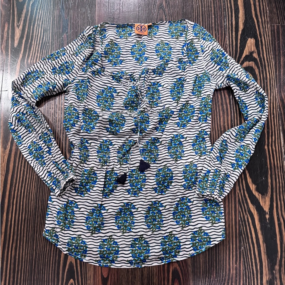 Evelina Blue Green Floral Cotton Tie Neck Blouse